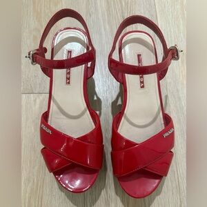 Prada Women's Red Patent Leather & Cork Platform Sandals W/Ankle Straps Sz 7 1/2
